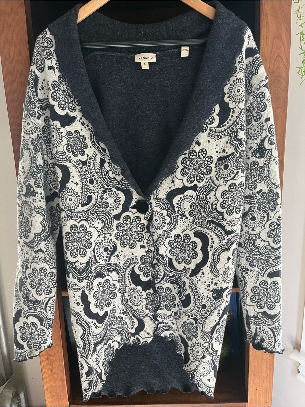 Venario Cotton-Wool-Angora Blend Navy & White Floral Reversible Cardigan Sweater